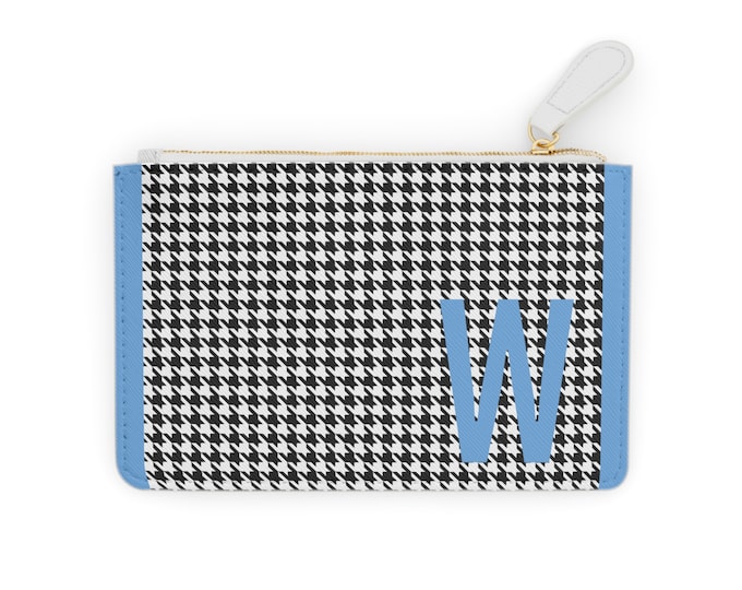 Mini Clutch Card Holder, Light Blue Initial with W Black and White Design, Personalized Card Holder