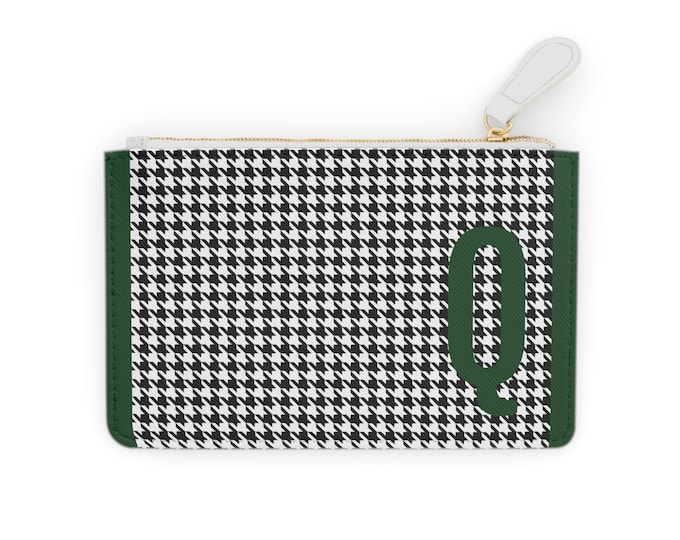 Houndstooth Forrest Green Detail Initialized, Q Initial, Personalized Mini Clutch Bag, Womens Zippered Card Holder