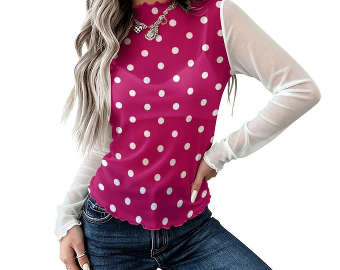 Fuchsia White Polka dots High Neck Mesh Long Sleeve Tops for Women