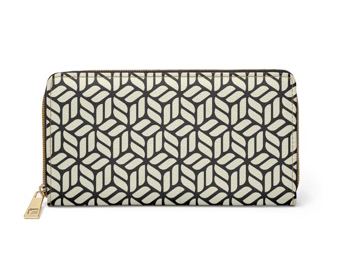 Geometric Cube Pattern Zipper Wallet | Black Ivory Modern Design