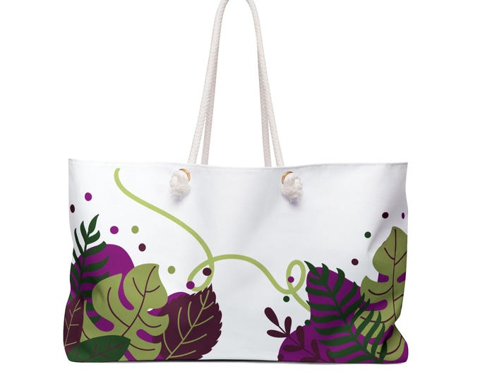 Tropical Leaf Pattern Weekender Bag | White and Purple Green Botanical Tote
