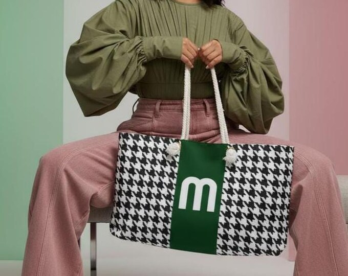 Houndstooth Black White & Forest Green Weekender Tote Bag – Personalized Women’s Oversized Travel Handbag with Initial M