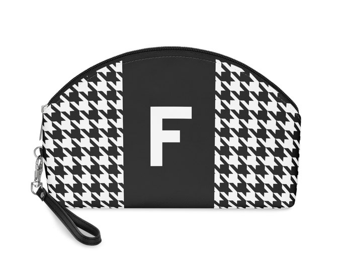 Black, and White Houndstooth patterned Makeup Bag, Personalized with Initial F, Her Makeup bag, Initialized