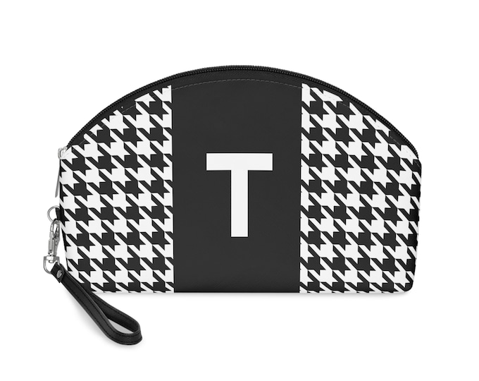 Black, and White Houndstooth patterned Makeup Bag, Personalized with Initial T, Her Makeup bag, Initialized