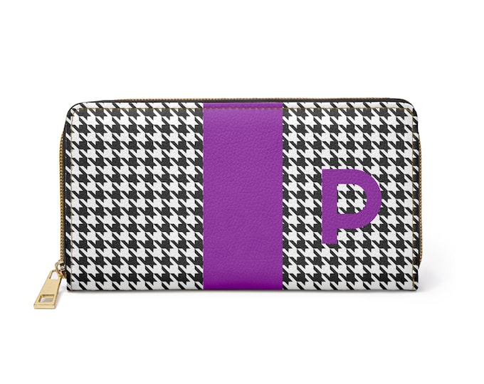 Personalized Houndstooth Wallet, Monogram P-T Initial Black & White Zipper, Faux Leather Clutch for Women, Gift for Her, Custom Accessory