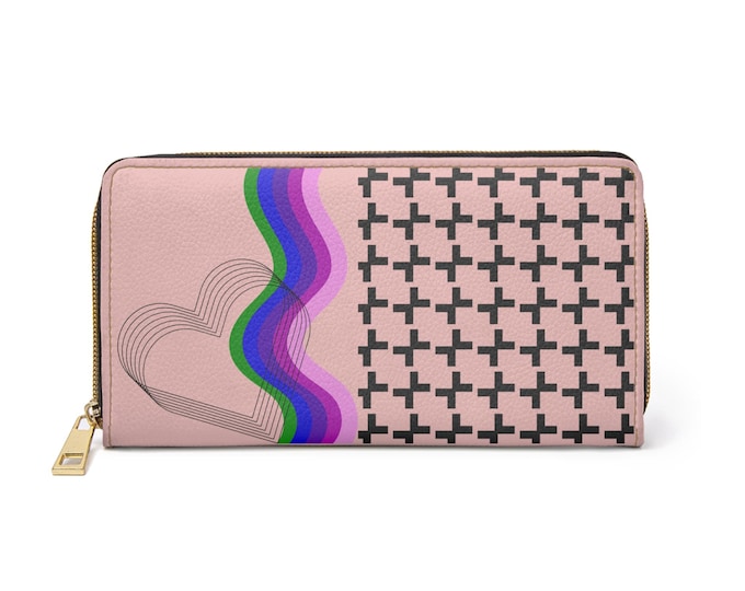 Wavy Rainbow Hearts Zipper Wallet | Pink Cross Pattern Wallet