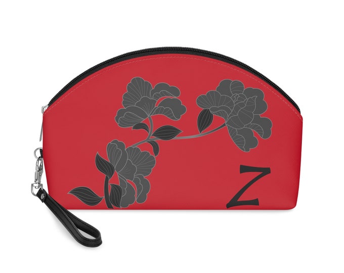 Red and Black Womens Floral Makeup Bag, Personalized with your Initial, Zippered Cosmetic Bag, Initial Z