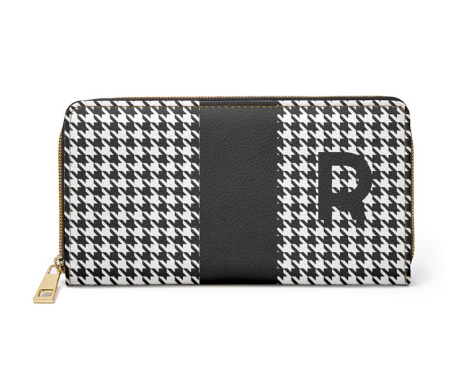 Personalized Houndstooth Wallet, Black & White Zippered Faux Leather Wallet with R Initial, Gift for Her, Iron Woman 80 Brand, Monogram