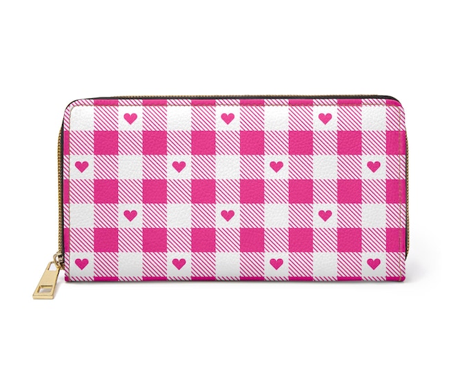 PInk Plaid Hearts Zipper Wallet | Plaid Heart Pattern Wallet