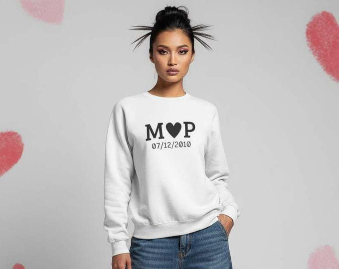 Custom Initials with Date Valentine's Day Sweatshirt | Black and White Personalized Couples Crewneck