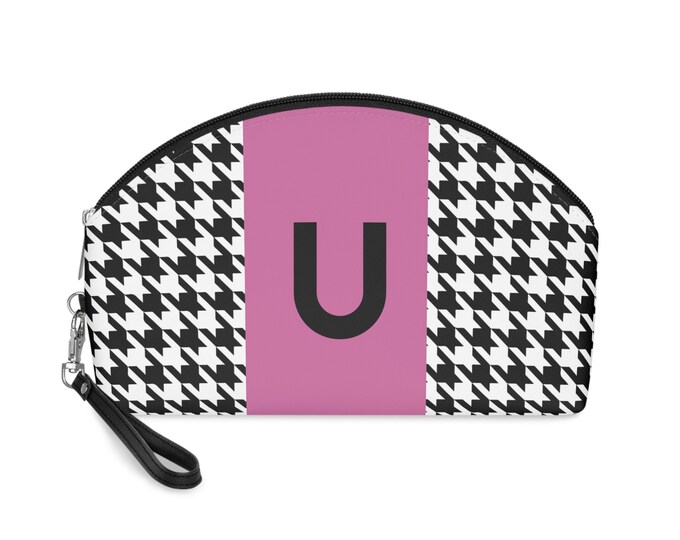 Pink, Black, and White Houndstooth patterned Makeup Bag, Personalized with Initial U, Her Makeup bag, Initialized