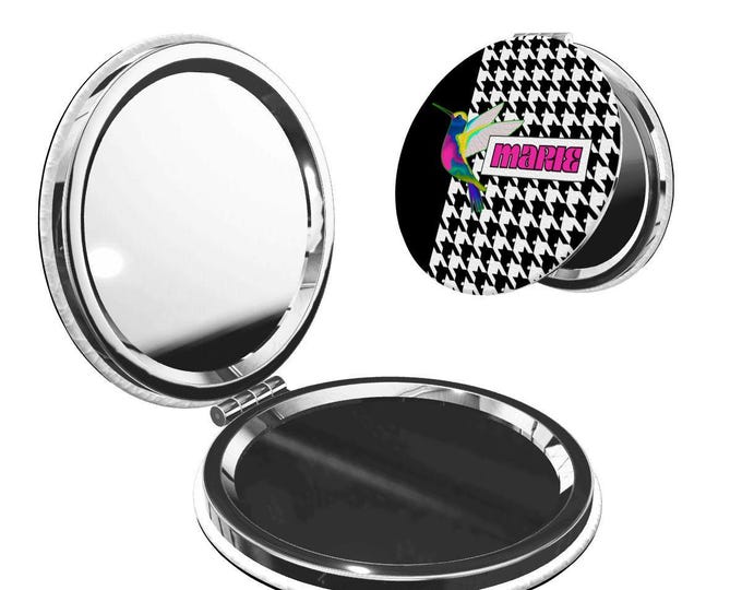 Houndstooth with Hummingbird Personalized with your Name, Round Shape Portable Pocket Mirror