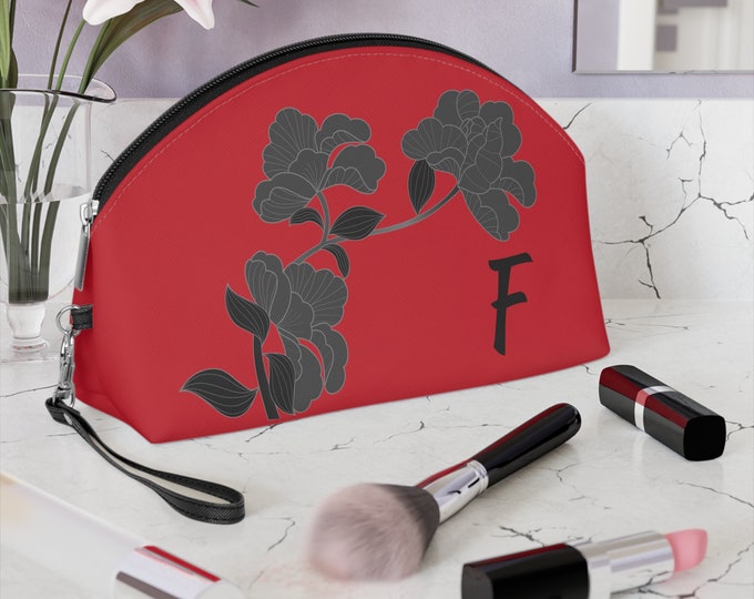 Red and Black Womens Floral Makeup Bag, Personalized with your Initial, Zippered Cosmetic Bag, Initial F