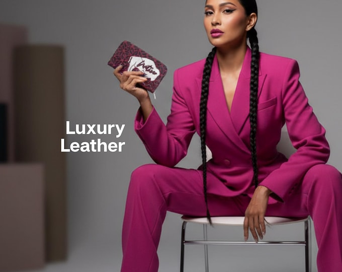 Luxury Napa Leather Custom Long Wallet – Fuchsia and Black Innii Bison Geometric, Handmade to Order, Premium Leather Passport Wallet