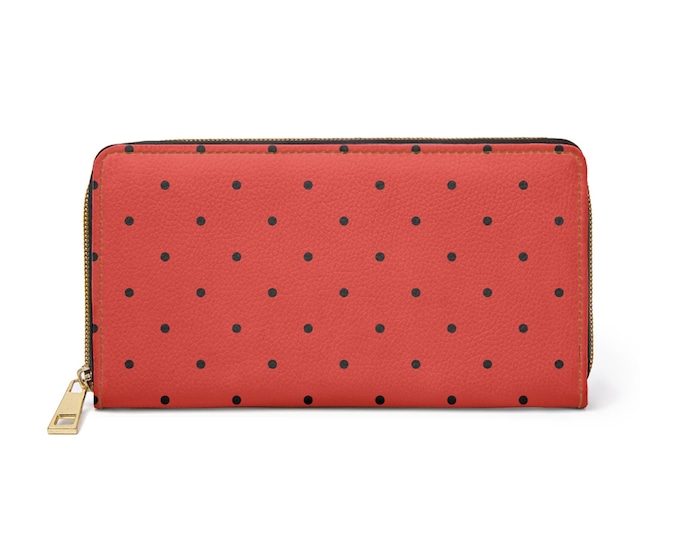 That Tangerine Chic with Black Polka Dot Zipper Wallet, Stylish Coin Purse, Travel Accessory, Gift Idea for Her, Fashion Organizer