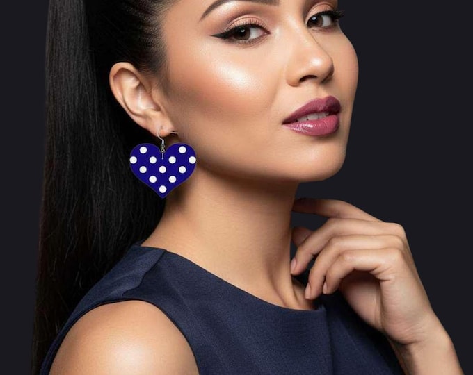 White Polka Dot Blue Heart Shape Leather Earring