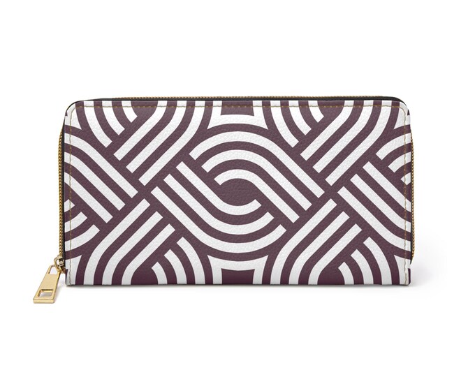 Geometric Interlocking Pattern Zipper Wallet | Burgundy and White Modern Abstract Lines
