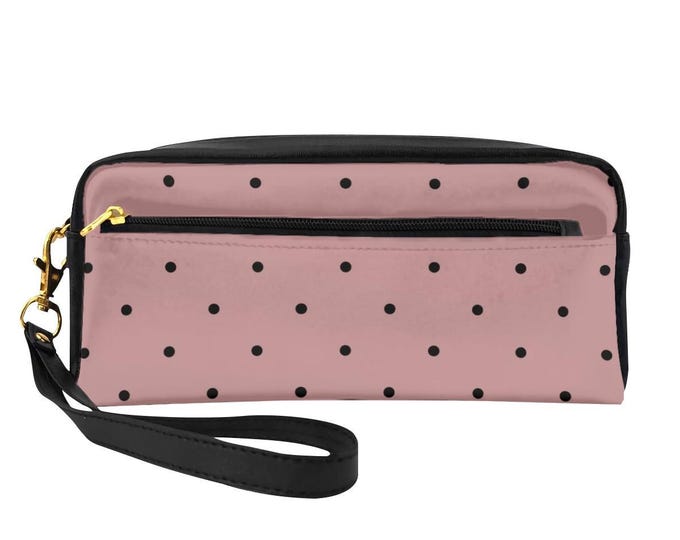 Minimalist Rectangular Leather Makeup Bag – Black Polka Dots in Featherlight Pink, Compact Travel & Daily Organizer