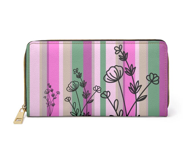 Pink Green Striped Wildflower Zipper Wallet | Floral Stripe Wallet