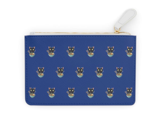Blue Cat Pattern Mini Clutch Bag | Cat Face Zipper Pouch