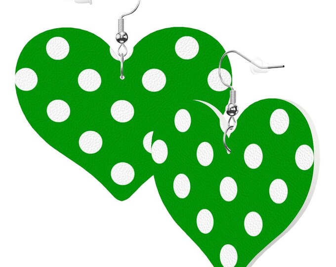 White Polka Dot Green Heart Shape Leather Earrings