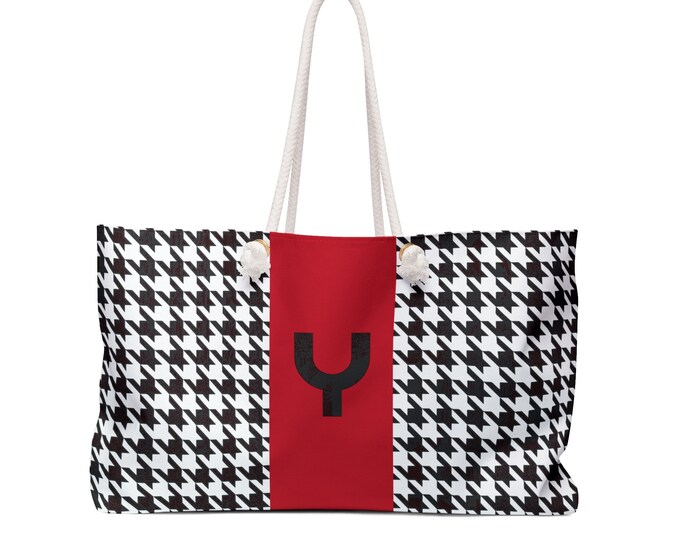 Houndstooth Black and White with Red and Black Y Initialized Detail Womens Weekender Tote Bag