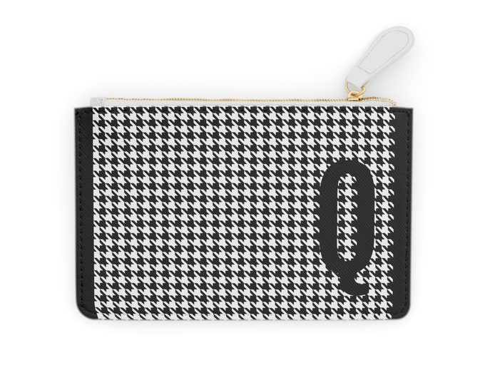 Houndstooth Black Detail Initialized, Q Initial, Personalized Mini Clutch Bag, Womens Zippered Card Holder