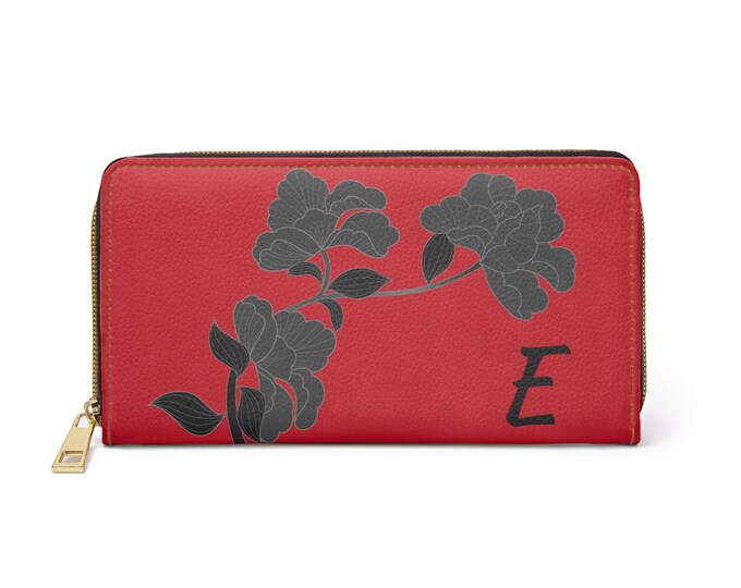 Red & Black Floral Wallet: Personalized Faux Leather Zippered Purse