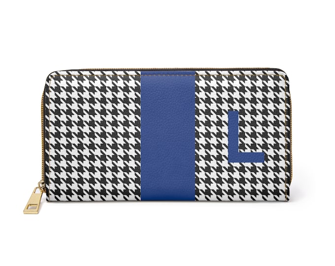 Houndstooth Black and White with Blue L Initialized Detail Womens Zippered Wallet
