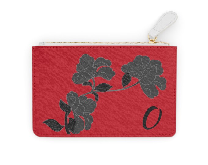 Red and Black Womens Floral Small Wallet, Personalized with your Initial, Zippered Cardholder, Initial O, Mini Clutch Bag