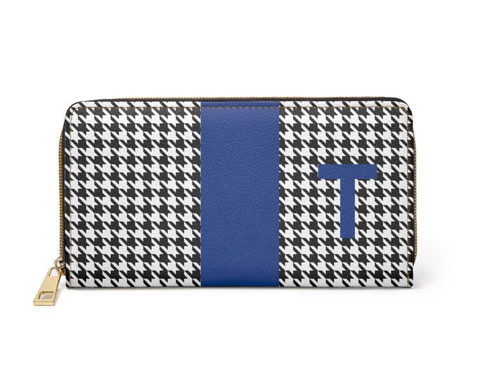 Houndstooth Black and White, with Red T Initialized Detail Womens Zippered Wallet, Personalized Wallet, Womens Wallet