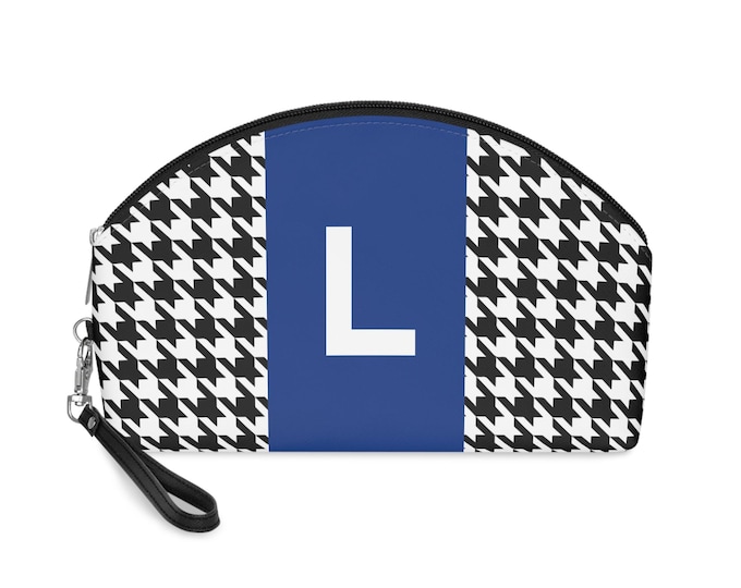 Black, and White Houndstooth pattern Makeup Bag, Personalized with Initial L