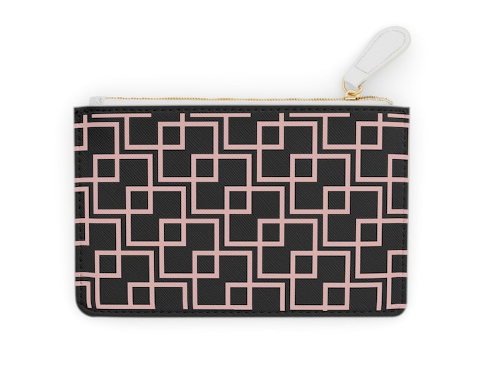 Pink Geometric Square Pattern Mini Clutch Bag | Modern Black & Blush