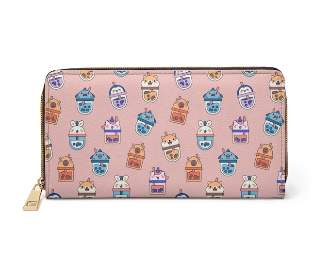 Cute Animals Zipper Wallet | Pink Bubble Tea Pattern