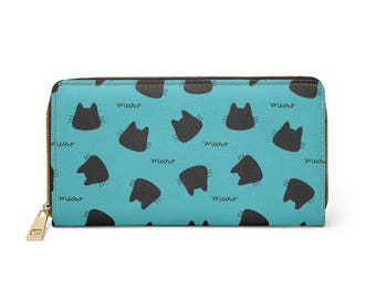Portafoglio con cerniera e motivo a teste di gatto nero / stampa Teal Meow
