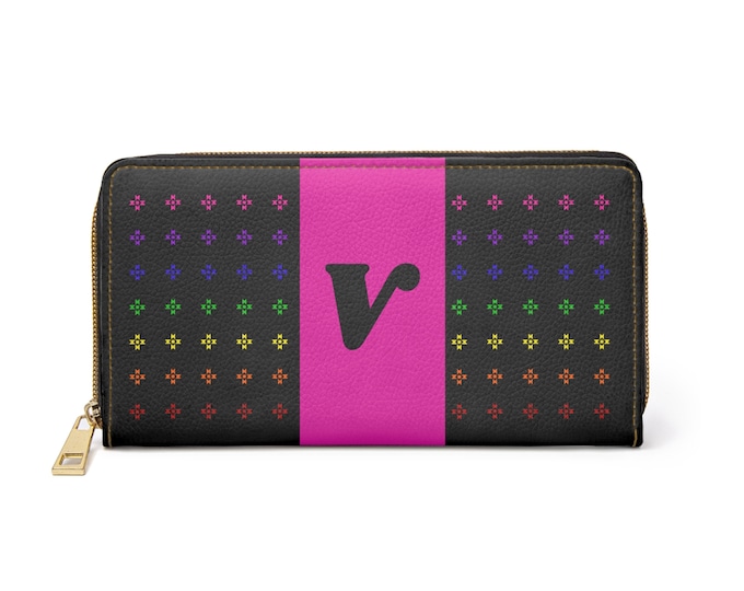 Rainbow Native Stars Womens Wallet, Pink Detail, Personalized with Black Initial V, Initialized Zipper Wallet, Native American Designed