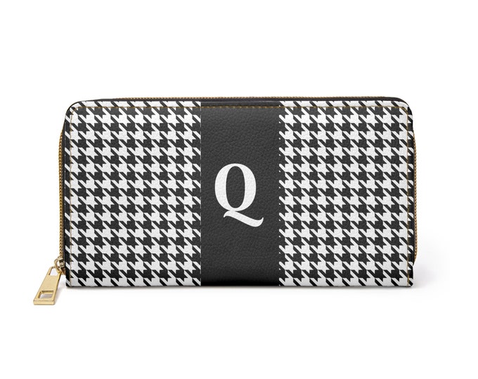 Houndstooth Black and White with White Initial Q, Womens Zippered Wallet, Personalized Wallet, Womens Wallet