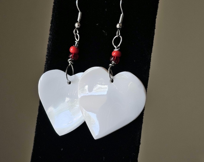 Heart shaped, Conch Shell, Red Accent beads, Native designed, Earrings