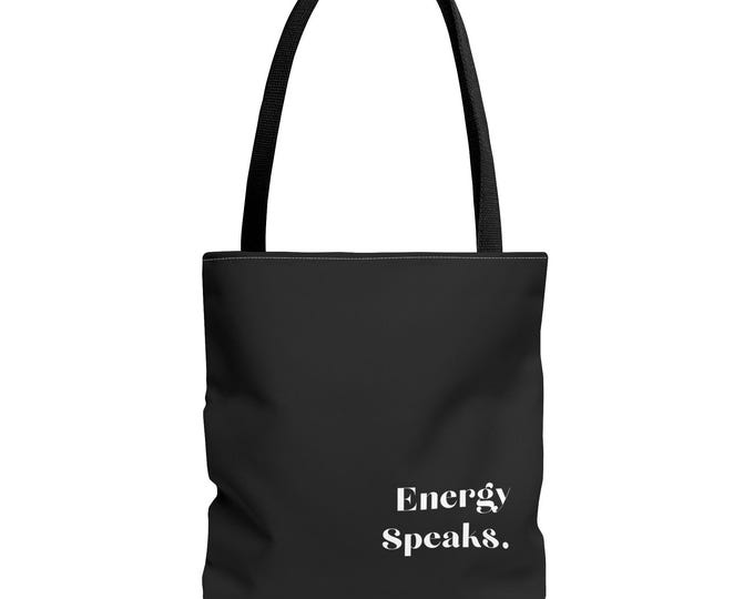 Energy Speaks Tote Bag | Black Typography AOP Carryall