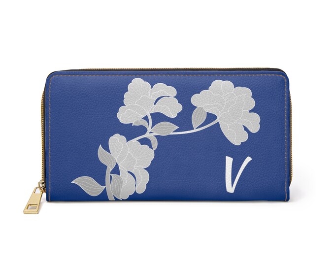 White and Blue Womens Floral Wallet, Personalized with your Initial, Zippered Wallet, Initial V