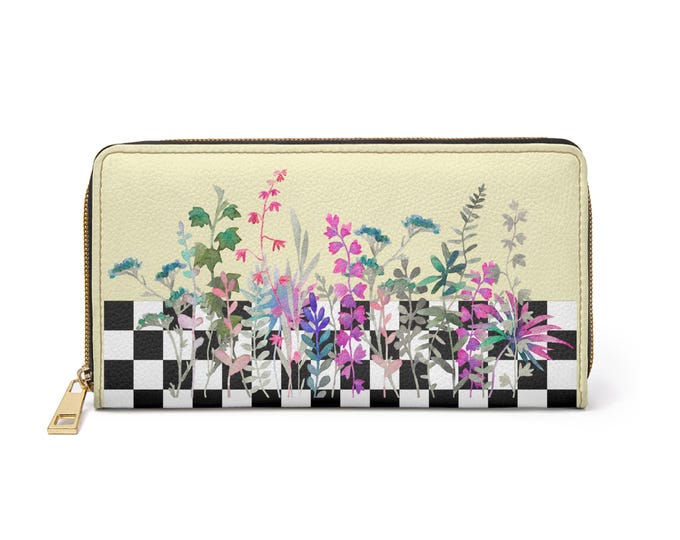 Wildflower Checkerboard Wallet – Buffalo Butter Faux Leather Zip Wallet with Colorful Botanical Print | Iron Woman 80