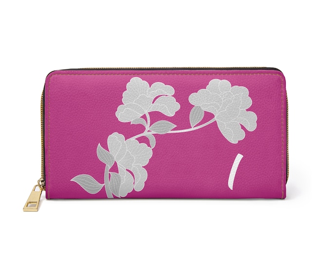 Magenta Floral Wallet with Initial I | Personalized Women’s Zippered Wallet | Vegan Leather | Gift for Her | Stylish & Sustainable
