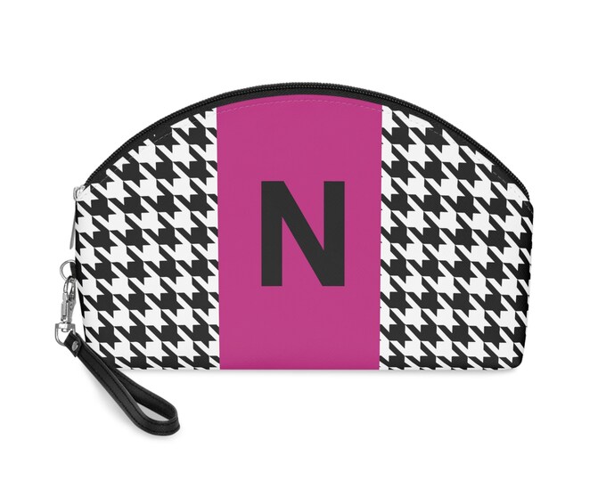 Magenta, Black, and White Houndstooth patterned Makeup Bag, Personalized with Initial N, Her Makeup bag, Initialized