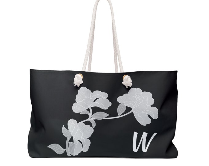Black and White Womens Floral Tote, Personalized with Initial U, Weekender Bag