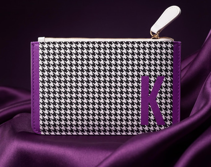 Houndstooth Purple Detail Initialized, K Initial, Personalized Mini Clutch Bag, Womens Zippered Card Holder