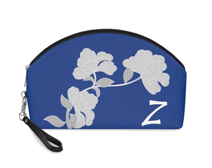 White and Blue Womens Floral Makeup Bag, Personalized with initial Z, Zippered Cosmetic