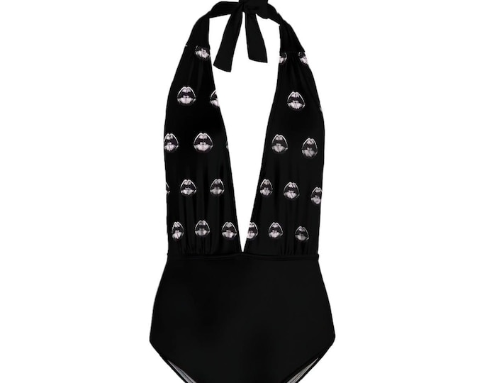 Y2K halftone Pattern Deep V One Piece Black Swimsuit