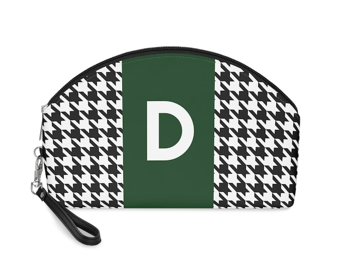 Forrest Green, Black, and White Houndstooth patterned Makeup Bag, Personalized with Initial D, Her Makeup bag, Initialized