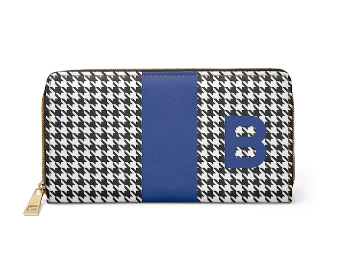 Houndstooth Black and White with Blue B Initialized Detail Womens Zippered Wallet