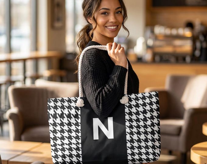 Black, and White with Black N Bag, Initialized Detail Womens Weekender Tote Bag, Personalized Bag, Initialized Handbag